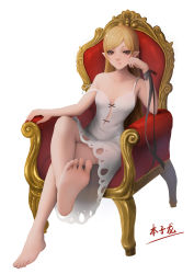 Rule 34 | 1girl, barefoot, black ribbon, blonde hair, chair, closed mouth, dress, feet, foot focus, foreshortening, highres, long hair, looking at viewer, monogatari (series), oshino shinobu, pointy ears, red eyes, ribbon, sitting, soles, solo, strap slip, toes, white background, white dress, zyl