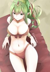 Rule 34 | 1girl, bikini, breasts, circlet, cleavage, cowboy shot, dragon girl, fire emblem, fire emblem awakening, fire emblem heroes, from above, front-tie bikini top, front-tie top, green eyes, green hair, groin, hair ornament, halterneck, highres, large breasts, long hair, navel, nintendo, outdoors, parted bangs, pointy ears, ponytail, red bikini, serious, sitting, skeptycally, solo, swimsuit, thighs, tiki (adult) (fire emblem), tiki (adult) (summer) (fire emblem), tiki (fire emblem), twitter username, wavy hair