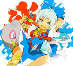 Rule 34 | arm behind head, blue bow, blue dress, blue eyes, blue hair, bow, cirno, dress, flower, food, fruit, hidden star in four seasons, holding, ice, ice wings, ichizen (o tori), leaf, looking at viewer, lying, open mouth, plant, popsicle, solo, sunflower, tan, tanned cirno, touhou, vines, watermelon, wings