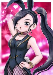 Rule 34 | 1girl, absurdres, animal ears, arm behind head, arm up, bangle, bare shoulders, black hair, blue eyes, blush, bracelet, breasts, choker, collarbone, commentary request, cowboy shot, dragon quest, dragon quest xi, fishnet pantyhose, fishnets, hand on own hip, heart, heart choker, high ponytail, highres, jewelry, large breasts, leotard, long hair, looking at viewer, martina (dq11), moyapippi, official alternate costume, one eye closed, open mouth, outside border, pantyhose, pink choker, playboy bunny, rabbit ears, rabbit tail, solo, sparkle, swept bangs, tail, very long hair
