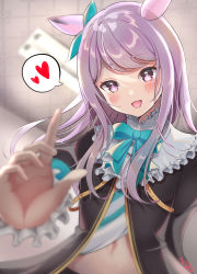 1girl :d absurdres animal_ears aqua_bow aqua_bowtie black_jacket blurry blush bow bowtie depth_of_field ear_ribbon frilled_shirt_collar frills heart highres horse_ears horse_girl jacket long_hair long_sleeves looking_at_viewer materu_(2532) mejiro_mcqueen_(umamusume) navel open_mouth purple_eyes purple_hair smile solo spoken_heart swept_bangs umamusume upper_body