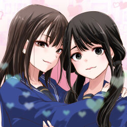 Rule 34 | 2girls, arm around shoulder, black eyes, black hair, blue sailor collar, blue shirt, brown eyes, brown hair, closed mouth, commentary request, gradient background, hair over shoulder, hand on another&#039;s arm, hand up, hands on another&#039;s shoulder, hands up, heads together, heart, heart background, highres, komatsu otoha, light blush, long hair, long sleeves, looking at viewer, looking to the side, low twintails, multiple girls, pink background, real life, rectangle, sailor collar, saitou airi, school uniform, serafuku, shirt, side-by-side, smile, twintails, upper body, urutsu sahari, voice actor, yuri