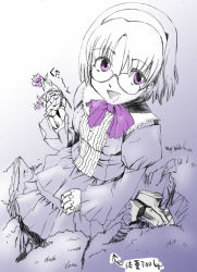Rule 34 | 1girl, aiko (renkin san-kyuu magical pokaan), glasses, kazumiya akira, monochrome, purple theme, renkin san-kyuu magical pokaan, simple background, solo, spot color