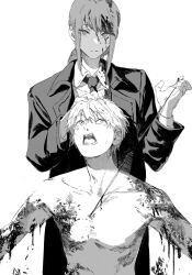 Rule 34 | 1boy, 1girl, black coat, black necktie, blood, blood drip, blood in hair, blood on arm, blood on clothes, braid, braided ponytail, chainsaw man, coat, collared shirt, denji (chainsaw man), formal, greyscale, hand on another&#039;s head, highres, looking at viewer, makima (chainsaw man), medium hair, monochrome, necktie, open mouth, pull cord, shirt, short hair, sidelocks, simple background, suit, topless male, white background, yode
