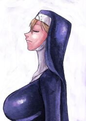Rule 34 | 1girl, blonde hair, breasts, closed eyes, double (skullgirls), from side, fukamichi ran&#039;ou, habit, large breasts, nun, skullgirls, solo, traditional media, upper body