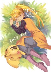 1girl ayan_ip blonde_hair boots closed_eyes closed_mouth commentary_request creatures_(company) dated eyelashes from_above game_freak gen_1_pokemon grass highres long_hair lying nintendo on_side pants pikachu pokemon pokemon_(creature) pokemon_adventures ponytail purple_boots shirt sleeping smile speech_bubble thought_bubble tunic yellow_(pokemon)