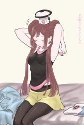 Rule 34 | 1girl, armpits, arms behind head, arms up, blush, breasts, brown hair, creatures (company), double bun, closed eyes, foongus, game freak, gen 5 pokemon, highres, long hair, medium breasts, minapo, nintendo, on head, pantyhose, pokemon, pokemon (creature), pokemon adventures, pokemon on head, rosa (pokemon), sitting, twintails, very long hair, rosa (pokemon)