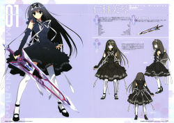 Rule 34 | 1girl, absurdres, black hair, blue eyes, character sheet, concept art, detached sleeves, dress, elbow gloves, full body, gloves, headdress, highres, holding, holding weapon, lolita fashion, long hair, looking at viewer, multiple views, nishina mikoto, non-web source, phantom breaker, shoes, simple background, standing, suzuhira hiro, sword, thighhighs, turnaround, weapon, white thighhighs