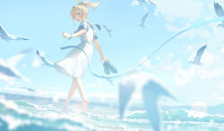 Rule 34 | 1girl, bare legs, barefoot, beach, bird, blonde hair, blue eyes, blue sailor collar, blue sky, cloud, cloudy sky, day, dress, from behind, hair between eyes, hair ornament, hana mori, highres, holding, holding shoes, hololive, horizon, kazama iroha, leaf hair ornament, long hair, looking at viewer, looking back, ocean, open mouth, outdoors, ponytail, ribbon, sailor collar, sailor dress, sand, seagull, shoes, short sleeves, sky, smile, solo, splashing, standing, virtual youtuber, wading, water, waves, white dress, wrist ribbon