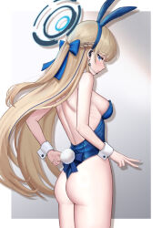 Rule 34 | 1girl, absurdres, animal ears, ass, backless leotard, bare shoulders, blonde hair, blue archive, blue bow, blue eyes, blue hairband, blue leotard, border, bow, bowtie, braid, breasts, closed mouth, detached collar, earpiece, fake animal ears, hairband, halo, highleg, highleg leotard, highres, ilbanseomin, korean commentary, leotard, long hair, medium breasts, microphone, official alternate costume, official alternate hairstyle, playboy bunny, rabbit ears, solo, thighs, toki (blue archive), toki (bunny) (blue archive), v, very long hair, white border, wrist cuffs