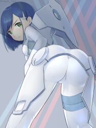 Rule 34 | 1girl, annoyed, arm at side, artist name, ass, bent over, blue hair, bob cut, bodysuit, breasts, commentary, cowboy shot, darling in the franxx, from behind, furrowed brow, green eyes, hair ornament, hairclip, highres, hirota fruit, hood, hood down, ichigo (darling in the franxx), leaning forward, looking at viewer, looking back, loose hair strand, parted lips, pilot suit, short hair, skin tight, small breasts, solo, swept bangs, twitter username, white bodysuit