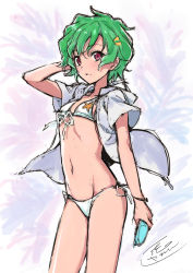 Rule 34 | 1girl, bikini, breasts, closed mouth, collarbone, front-tie bikini top, front-tie top, green hair, groin, hair between eyes, hair ornament, hand in own hair, highres, hood, hood down, hooded jacket, isshi pyuma, jacket, navel, open clothes, open jacket, original, red eyes, short hair, side-tie bikini bottom, signature, sketch, small breasts, solo, standing, string bikini, swimsuit, white background, white bikini, white jacket