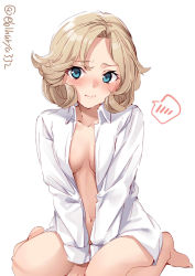 Rule 34 | 1girl, barefoot, blonde hair, blue eyes, blush, breasts, ebifurya, highres, janus (kancolle), kantai collection, kneeling, looking at viewer, medium hair, naked shirt, navel, no bra, no pants, one-hour drawing challenge, parted bangs, shirt, simple background, sitting, small breasts, solo, twitter username, white background