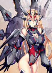 Rule 34 | 1girl, backpack, bag, black gloves, blonde hair, blush, breasts, cleavage, cleavage cutout, clothing cutout, commission, detached sleeves, gloves, green eyes, gundam, gundam seed, gundam seed destiny, highres, i.takashi, legend gundam, long hair, mecha musume, medium breasts, personification, skeb commission, solo, v-fin, zoom layer