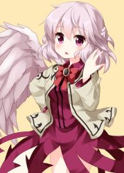 Rule 34 | 1girl, bow, bowtie, braid, cowboy shot, dress, french braid, grey jacket, hair between eyes, hand on own hip, highres, jacket, kishin sagume, long sleeves, looking at viewer, medium hair, open mouth, purple dress, purple eyes, red bow, red bowtie, ruu (tksymkw), silver hair, silver wings, simple background, single wing, solo, standing, touhou, wings, yellow background