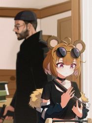 Rule 34 | 1boy, 1girl, ahoge, animal ears, beanie, bear ears, black choker, black coat, black hat, black jacket, black shirt, blurry, blurry background, brown hair, choker, closed mouth, coat, collarbone, commentary, crop top, crossover, depth of field, eyewear on head, facial hair, fur collar, girls&#039; frontline, grizzly mkv (girls&#039; frontline), grizzly mkv (teddy transform!) (girls&#039; frontline), gun, handgun, hat, highres, holding, holding gun, holding weapon, indoors, jacket, l.a.r. manufacturing, lar grizzly win mag, leon (leon the professional), leon the professional, long sleeves, looking down, narynn, off shoulder, open clothes, open jacket, purple eyes, round eyewear, shirt, short hair, short sleeves, sunglasses, suppressor, twitter username, weapon