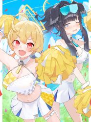 Rule 34 | 2girls, absurdres, ahoge, animal ears, bare shoulders, black hair, blonde hair, blue archive, blue eyes, blunt bangs, blush, breasts, chankuro, cheerleader, cleavage, collar, commentary request, confetti, crop top, detached collar, dog ears, dog girl, dog tail, gloves, goggles, goggles on head, halo, hibiki (blue archive), hibiki (cheer squad) (blue archive), highres, holding, holding pom poms, kotori (blue archive), kotori (cheer squad) (blue archive), large breasts, long hair, looking at viewer, medium breasts, millennium cheerleader outfit (blue archive), miniskirt, multiple girls, navel, official alternate costume, one eye closed, open mouth, pleated skirt, pom pom (cheerleading), pom poms, red eyes, short twintails, sidelocks, skirt, smile, star sticker, sticker on arm, sticker on face, sweatdrop, tail, thigh strap, triangle halo, twintails, white collar, white gloves, white skirt, yellow halo