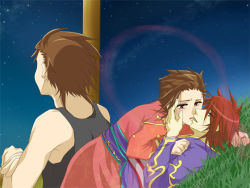 Rule 34 | 00s, age difference, alternate costume, blush, brown hair, father and son, grass, incest, japanese clothes, kimono, kiss, kratos aurion, lloyd irving, lying, male focus, red hair, short hair, star (symbol), tales of (series), tales of symphonia, yaoi
