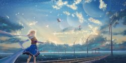 Rule 34 | 1girl, arm warmers, bird, blonde hair, blue skirt, brown shirt, brown skirt, cloud, cloudy sky, dawn, english text, facing away, from behind, highres, layered skirt, lens flare, long scarf, merlimambrosuis, mizuhashi parsee, outdoors, railroad tracks, scarf, shirt, short hair, short sleeves, skirt, sky, star (sky), starry sky, touhou, train station, water world, white bird, white scarf, wide shot, wide sleeves, wind turbine, windmill