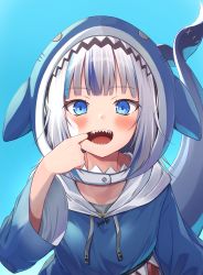 Rule 34 | 1girl, absurdres, animal costume, animal hood, blue background, blue eyes, blue hair, blue hoodie, blunt bangs, blush, collarbone, drawstring, eyes visible through hair, finger in own mouth, fins, fish tail, gawr gura, gawr gura (1st costume), highres, hololive, hololive english, hood, hood up, hoodie, kuro kinkan, looking at viewer, medium hair, mouth pull, multicolored hair, open mouth, shark costume, shark girl, shark hood, shark tail, sharp teeth, silver hair, simple background, smile, solo, streaked hair, tail, teeth, virtual youtuber, wide sleeves