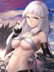 Rule 34 | 1girl, abs, bare shoulders, blunt bangs, breasts, brown eyes, cloud, commentary request, elbow gloves, fate/grand order, fate (series), fingerless gloves, gauntlets, gloves, long hair, looking at viewer, medium breasts, minami koyogi, navel, penthesilea (fate), ribbon, sky, solo, underboob, weapon, white hair
