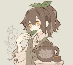 Rule 34 | 1girl, blush, brown hair, buttons, commentary, cup, dated, english commentary, green background, green vest, hair between eyes, hair ribbon, leaf, long hair, long sleeves, melanbread, orange eyes, original, ponytail, ribbon, shirt, signature, simple background, solo, tea, tea leaves, teapot, vest