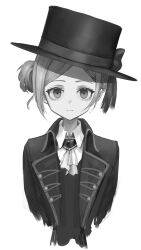 Rule 34 | 1girl, absurdres, ascot, boater hat, bow, closed mouth, collared shirt, cropped arms, cropped torso, dress shirt, expressionless, formal, greyscale, hair bun, hat, hat bow, highres, jacket, kenko (kenko33333), looking at viewer, monochrome, parted bangs, reverse:1999, shirt, short hair, single side bun, solo, suit, tilted headwear, upper body, vertin (reverse:1999), waistcoat, white background, white shirt