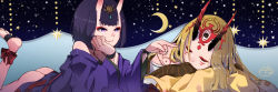 Rule 34 | 2girls, ankle ribbon, ass, bare shoulders, barefoot sandals (jewelry), blonde hair, bob cut, crescent moon, eyeliner, facial mark, fate/grand order, fate (series), forehead mark, hand on own cheek, hand on own face, headpiece, horns, ibaraki douji (fate), japanese clothes, kimono, leg ribbon, long hair, lying, makeup, moon, multiple girls, on stomach, oni, open clothes, open kimono, pointing, pointing at another, purple eyes, purple hair, purple kimono, revealing clothes, ribbon, short eyebrows, short hair, shuten douji (fate), signature, skin-covered horns, sleeping, smile, star (symbol), starry background, tattoo, terasako, waves, wristband, yellow kimono