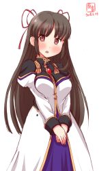 Rule 34 | 1girl, black hair, brown eyes, commentary request, cosplay, dated, galaxy angel, hair ribbon, highres, hiyou (kancolle), kanon (kurogane knights), kantai collection, karasuma chitose, karasuma chitose (cosplay), long hair, look-alike, looking at viewer, military, military uniform, open mouth, own hands together, red ribbon, ribbon, simple background, solo, uniform, white background