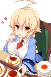 Rule 34 | 1girl, :o, ahoge, bad id, bad pixiv id, blazblue, blonde hair, braid, breast rest, breasts, caramel, center frills, chair, collared shirt, commentary, creme caramel, dessert, eating, es (xblaze), expressionless, food, frilled sleeves, frills, from above, hair between eyes, hair flaps, highres, holding, holding spoon, huge ahoge, large breasts, long hair, long sleeves, looking at viewer, necktie, ocha (ochappie), orange eyes, outstretched arm, plate, plate stack, pudding, red necktie, shadow, shirt, sidelocks, simple background, single braid, sitting, solo, spoon, white background, white shirt, xblaze, xblaze code: embryo