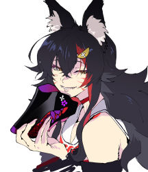Rule 34 | 1girl, animal ear fluff, animal ears, black hair, choker, closed mouth, commentary, detached sleeves, double-parted bangs, facial mark, fangs, fingernails, hair between eyes, hair ornament, half-closed eyes, henriiku (ahemaru), highres, holding, holding mask, hololive, long hair, looking at viewer, mask, multicolored hair, ookami mio, ookami mio (1st costume), orange eyes, red choker, red hair, sailor collar, sharp fingernails, sidelocks, simple background, solo, streaked hair, teeth, two-tone hair, upper body, virtual youtuber, whisker markings, white background, wolf ears, wolf girl