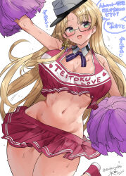 Rule 34 | 1girl, arm up, black-framed eyewear, blonde hair, blush, breasts, cheerleader, clothes writing, floating hair, flying sweatdrops, glasses, green eyes, groin, hair ornament, hat, heart, heart print, highres, holding, holding pom poms, kantai collection, large breasts, long hair, miniskirt, mizuta kenji, motion lines, neck ribbon, northampton (kancolle), one-hour drawing challenge, parted bangs, pleated skirt, pom pom (cheerleading), pom poms, red footwear, red shirt, red skirt, ribbon, semi-rimless eyewear, shirt, signature, simple background, skirt, sleeveless, sleeveless shirt, solo, sweat, thick thighs, thigh gap, thighs, twitter username, underboob, very long hair, white background