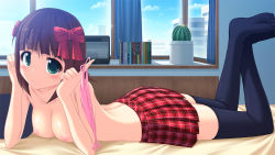 Rule 34 | 1girl, amami haruka, bed, black thighhighs, blush, breasts, brown hair, cactus, camisole, green eyes, hair ribbon, holding, holding clothes, holding panties, holding underwear, idolmaster, idolmaster (classic), kageira, lying, medium breasts, nipples, no shoes, on bed, on stomach, panties, pillow, pink panties, plaid, plaid skirt, plant, potted plant, ribbon, short hair, side-tie panties, skirt, smile, solo, thighhighs, topless, underwear, unworn panties, window, zettai ryouiki