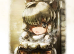 Rule 34 | 10s, 1girl, alpaca ears, alpaca suri (kemono friends), animal ears, blonde hair, blue eyes, cup, fur scarf, hair over one eye, hands up, head tilt, highres, holding, holding tray, horizontal pupils, kemono friends, looking at viewer, medium hair, open mouth, scarf, smile, solo, stealstitaniums, steam, teacup, tray, upper body