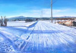 Rule 34 | blue sky, building, cloud, cloudy sky, day, field, footprints, highres, house, latex cult, log, mountain, mountainous horizon, original, painting (medium), pile, plant, road, scenery, shadow, sky, snow, sunlight, town, traditional media, trail, tree