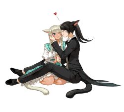 Rule 34 | 2girls, animal ears, bad id, bad pixiv id, black footwear, black hair, black jacket, black pants, blonde hair, blue eyes, braid, breasts, bright pupils, cat ears, cat girl, cat tail, center frills, closed mouth, couple, dark-skinned female, dark skin, facial mark, final fantasy, final fantasy xiv, frills, hand on another&#039;s face, heart, jacket, kkaebing, long hair, long sleeves, looking at another, medium breasts, miqo&#039;te, multiple girls, one eye closed, open clothes, open jacket, pants, puffy short sleeves, puffy sleeves, scar, scar on face, scar on nose, shoes, short sleeves, sideways mouth, simple background, sitting, smile, tail, tuxedo, twin braids, twintails, warrior of light (ff14), white background, white pupils, yuri
