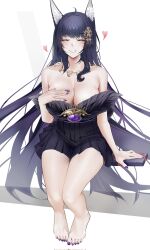 Rule 34 | 1girl, ahoge, animal ear fluff, animal ears, azur lane, bare legs, bare shoulders, barefoot, black hair, black kimono, box, box of chocolates, breasts, cleavage, closed eyes, facial mark, fox ears, full body, fur-trimmed kimono, fur trim, hair ornament, hand on own chest, highres, holding, holding box, invisible chair, japanese clothes, jewelry, kimono, large breasts, long hair, long sleeves, looking at viewer, magatama, magatama necklace, musashi (azur lane), nail polish, necklace, off shoulder, parted lips, purple nails, short kimono, sitting, smile, solo, toenail polish, toenails, toes, valentine, very long hair, wide sleeves, zhemuxuanhua