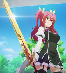 Rule 34 | 10s, 1girl, garter straps, highres, long hair, pink eyes, pink hair, pleated skirt, rakudai kishi no cavalry, red eyes, red hair, school uniform, screencap, skirt, solo, stella vermillion, stitched, sword, thighhighs, third-party edit, twintails, weapon