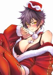 Rule 34 | 1girl, absurdres, b landforce, bare shoulders, black bra, blush, bra, breasts, brown hair, choker, christmas, cleavage, collarbone, commentary, embarrassed, english commentary, fez hat, fingernails, fur trim, glaring, hat, highres, large breasts, looking at viewer, original, red choker, santa costume, santa hat, shiny skin, short hair, solo, tomboy, underwear, white background, white trim, yellow eyes, zooming out