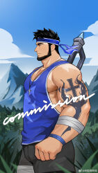 Rule 34 | 1boy, absurdres, akunaakun (kunkun586586), arm tattoo, bandaged leg, bandages, bara, bare arms, beard, black hair, blue headband, blue shirt, brucie (infighter821), cowboy shot, cross, cross necklace, dungeon and fighter, expressionless, facial hair, from side, full beard, headband, highres, jewelry, large hands, large pectorals, looking ahead, male focus, male priest (dungeon and fighter), mature male, muscular, muscular male, necklace, original, pectoral cleavage, pectorals, profile, shirt, short hair, sleeveless, sleeveless shirt, solo, standing, tattoo, thick arms, thick eyebrows, tsurime