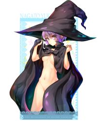 Rule 34 | 1girl, black hat, breasts, capelet, character name, cloak, copyright name, dedeen, frown, grey hair, hair between eyes, hat, highres, lifting own clothes, looking at viewer, nagato yuki, naked cloak, navel, solo, stomach, suzumiya haruhi no yuuutsu, thighhighs, transparent background, witch hat, yellow eyes