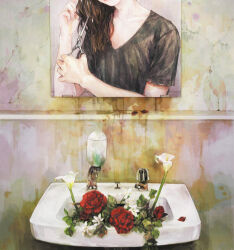 Rule 34 | 1girl, amber tobi, black shirt, brown hair, commentary, cutting hair, cutting own hair, dirty, faucet, flower, hand soap, heartbreak haircut, holding, holding own hair, holding scissors, leaf, liquid soap, lonely, long hair, looking at mirror, mirror, mixed-language commentary, original, plant, red flower, red rose, reflection, rose, sad, scissors, shirt, short sleeves, sink, solo, t-shirt, upper body, white flower