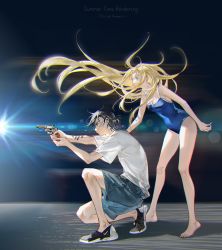 Rule 34 | 1boy, 1girl, aiming, ajiro shinpei, bare legs, barefoot, black eyes, black hair, blonde hair, blouse, blue eyes, blue one-piece swimsuit, blue shorts, breasts, casual, chromatic aberration, cleavage, closed mouth, commentary, copyright name, english commentary, floating hair, gun, hand on another&#039;s back, handgun, highres, holding, holding gun, holding weapon, kobune ushio, legs, legs apart, lens flare, light, light rays, long hair, medium breasts, messy hair, one-piece swimsuit, on one knee, parted lips, revolver, serious, shadow, shirt, shoes, short hair, shorts, spaghetti strap, standing, summertime render, swimsuit, tattoo, tidsean, v-shaped eyebrows, weapon, white shirt
