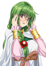 Rule 34 | 1girl, absurdres, adjusting eyewear, blush, bracelet, braid, brooch, cape, dress, glasses, green hair, hair bobbles, hair ornament, highres, jewelry, long hair, long sleeves, looking at viewer, nail polish, parted lips, philia felice, pink nails, purple eyes, rimless eyewear, round eyewear, single braid, smile, solo, syunzou, tales of (series), tales of destiny, upper body, white background, white cape, wing brooch