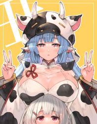 Rule 34 | 2girls, animal ears, animal print, bad id, bad pixiv id, bare shoulders, bikini, blue hair, blush, breasts, catura (granblue fantasy), cleavage, cow ears, cow girl, cow hat, cow horns, cow print, detached collar, detached sleeves, double v, draph, ear piercing, granblue fantasy, horns, koretsuki azuma, large breasts, long hair, looking at viewer, multiple girls, piercing, pink eyes, pointy ears, see-through, short hair, swimsuit, thighs, v, vikala (granblue fantasy), white bikini, white hair, wide sleeves, yellow background