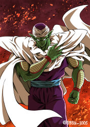 Rule 34 | 1boy, absurdres, cape, clenched hand, closed mouth, colored skin, dougi, dragon ball, dragonball z, fingernails, green skin, highres, long fingernails, looking at viewer, multicolored background, namekian, piccolo, pointy ears, sash, serious, shinomiya akino, solo, turban, twitter username, white cape