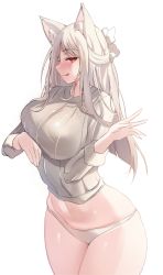 1girl, absurdres, animal ear fluff, animal ears, blush, fox ears, grey shirt, half updo, highres, licking lips, long hair, long sleeves, looking at viewer, navel, original, panties, red eyes, ribbed shirt, shirt, silver hair, simple background, solo, thick thighs, thighs, tongue, tongue out, underwear, white background, zerocat