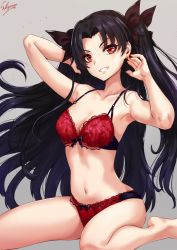 Rule 34 | 1girl, arms up, artist name, bare arms, bare legs, bare shoulders, barefoot, black hair, bra, breasts, commentary request, fate/grand order, fate (series), grey background, grin, hair ribbon, head tilt, highres, ishtar (fate), long hair, looking at viewer, medium breasts, nail polish, navel, panties, red bra, red eyes, red panties, ribbon, sakiyamama, signature, simple background, sitting, smile, solo, stomach, thighs, two side up, underwear, underwear only, very long hair, wariza