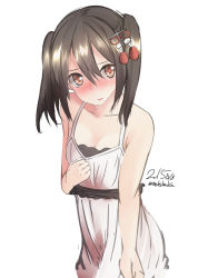 Rule 34 | 10s, 1girl, 2015, alternate costume, artist name, bad id, bad pixiv id, blush, brown hair, clothes pull, collarbone, dated, dress, dress pull, glasses, hair ornament, heart, heart-shaped pupils, kantai collection, looking at viewer, nekobaka, parted lips, sendai (kancolle), short hair, signature, simple background, sketch, sleeveless, sleeveless dress, solo, symbol-shaped pupils, upper body, white background, white dress