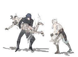Rule 34 | 1boy, 2girls, armor, bare shoulders, barefoot, black gloves, black hairband, boots, byleth (fire emblem), byleth (male) (fire emblem), camisole, closed mouth, corrin (female) (fire emblem), corrin (fire emblem), fire emblem, fire emblem: three houses, fire emblem awakening, fire emblem fates, gloves, hairband, highres, holding, holding person, long hair, multiple girls, nintendo, pants, pointy ears, robin (female) (fire emblem), robin (fire emblem), shirt, simple background, standing, twintails, white background, white hair, yourfreakyneighbourh